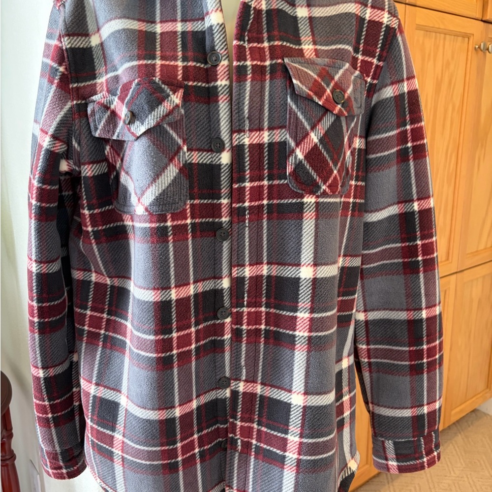 Men’s Freedom Foundry Cream and burgandy plaid Sherpa Shirt Jacket.
